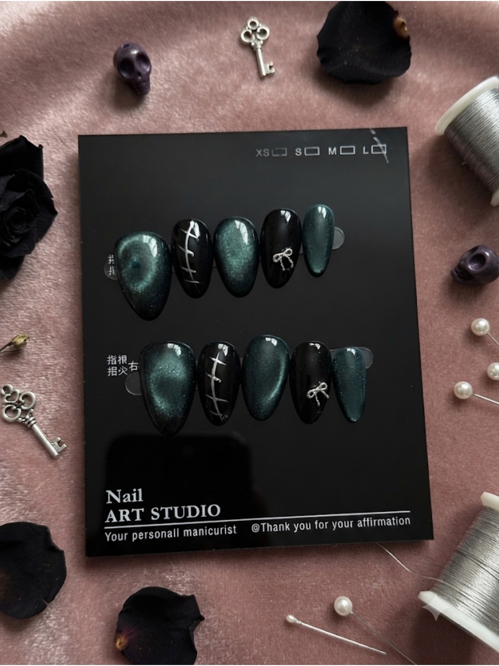 Nail Art Studio Shimmery Teal & Black Press-On Nails - Women Makeup
